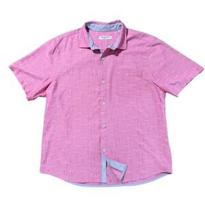 Mens TOMMY BAHAMA Sz XL IslandZone Pink Palm Tree Button Down Shirt Short Sleeve